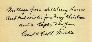 Christmas greetings from Carl and Edith Weeks, after their boys had moved out of Salisbury House. 